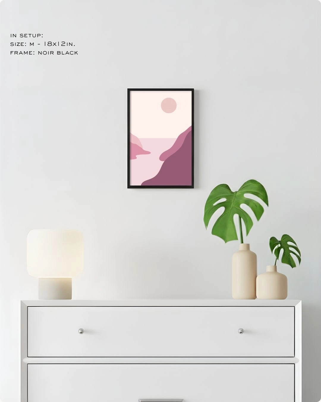 Medium (Size M) Blush Valley abstract landscape art in a Noir Black frame by K2C Co., featured in a minimalist decor mockup to show relative print scale.