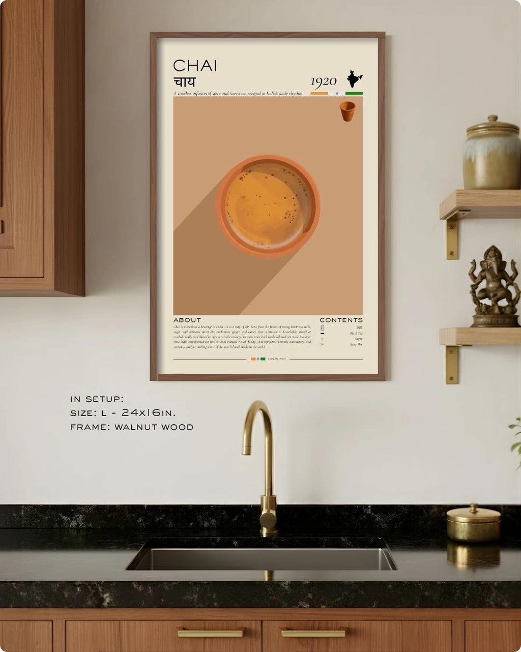 Large (Size L - 24x16in) Chai Rituals infographic in a Walnut Wood frame by K2C Co., centered above a modern kitchen sink with wooden cabinetry and a gold faucet.