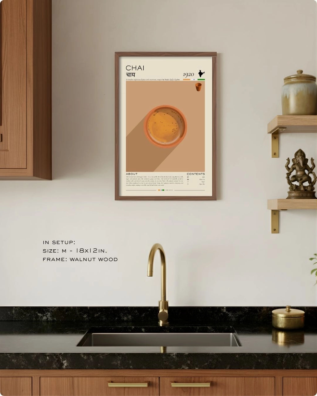 Medium (Size M - 18x12in) Chai Rituals infographic in a Walnut Wood frame by K2C Co., styled in a modern kitchen mockup to demonstrate relative wall scale.
