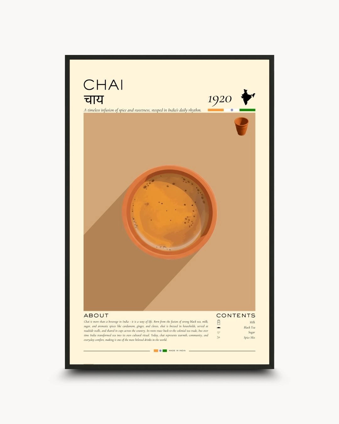Minimalist Indian Chai infographic poster by K2C Co. featuring a top-down view of a traditional clay kulhad cup in a 0.5-inch Noir Black frame. Ideal for modern kitchen or cafe wall decor.