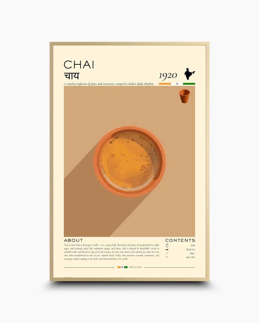 Elegant Chai Rituals infographic by K2C Co. in a Satin Gold frame. Features high-contrast typography and earthy terracotta tones for a luxury contemporary kitchen decor statement.