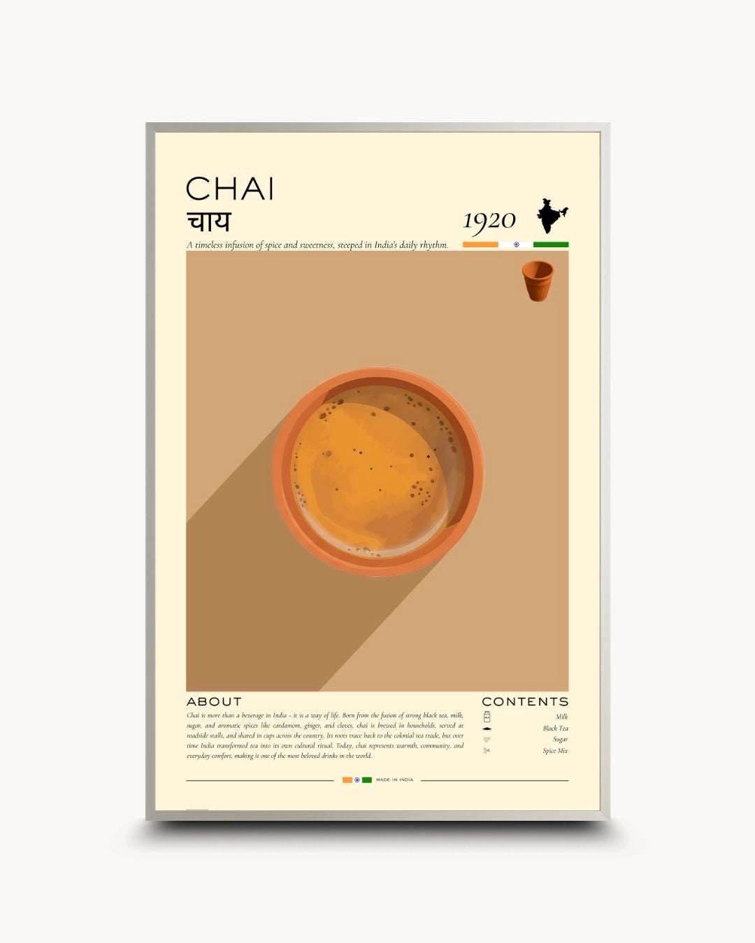 Contemporary minimalist Chai tea infographic print in a sleek Satin Silver frame by K2C Co. A sophisticated, informative piece for modern urban apartment styling.