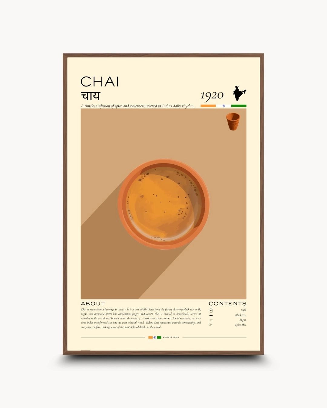 Vintage-inspired Chai infographic artwork in a warm Walnut Wood frame by K2C Co. A cultural statement piece for mid-century modern dining rooms and kitchen spaces.