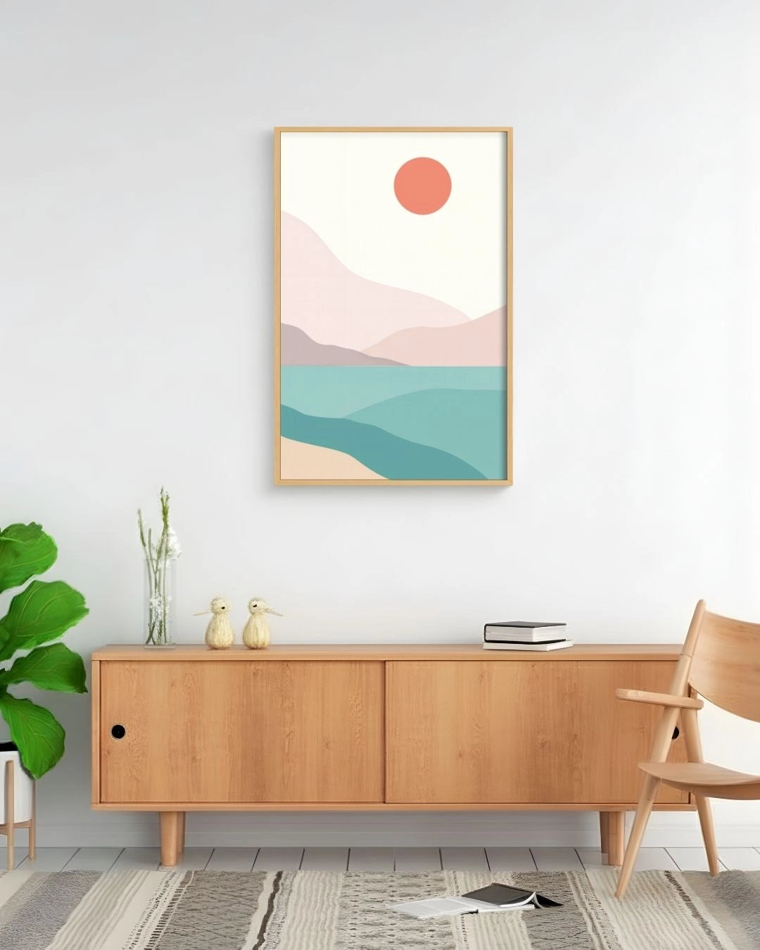 Minimalist Coastal Serenity abstract landscape art by K2C Co. in a Maple Wood frame, styled above a natural wood sideboard in a bright Japandi-style living room.