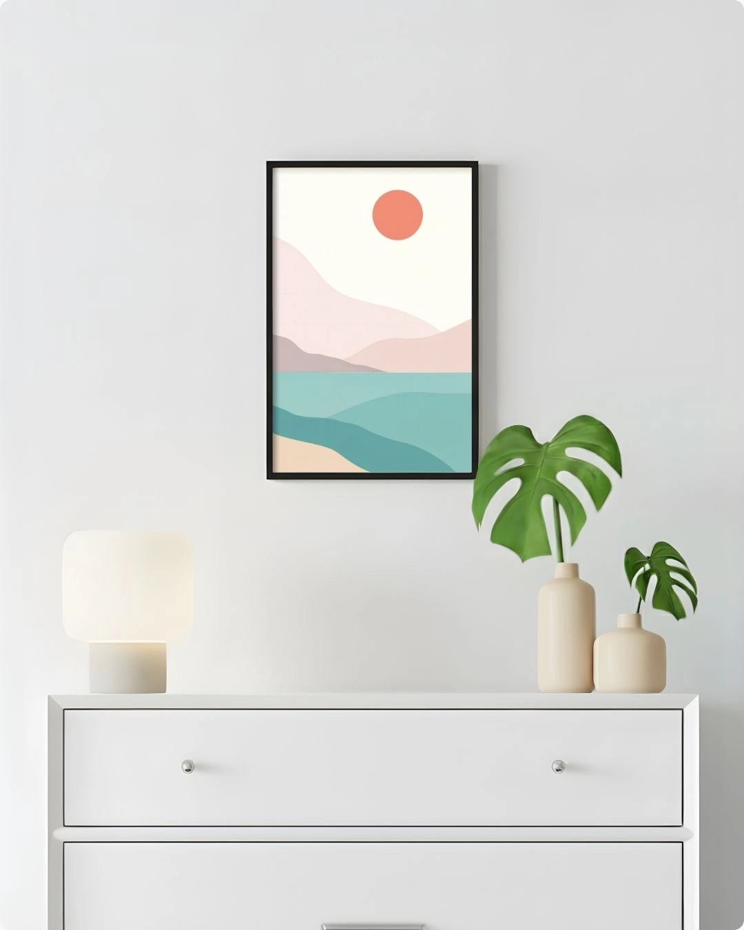 Large (Size L) Coastal Serenity abstract landscape print by K2C Co. in a Noir Black frame, styled in a minimalist home setup above a white chest of drawers.