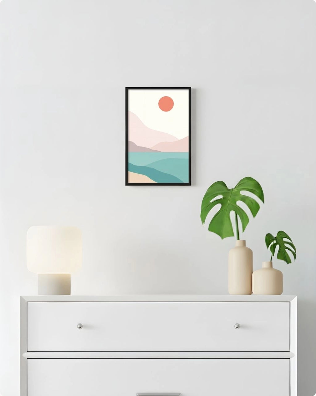 Medium (Size M) Coastal Serenity abstract landscape art in a Noir Black frame by K2C Co., featured in a minimalist decor mockup to show relative print scale.