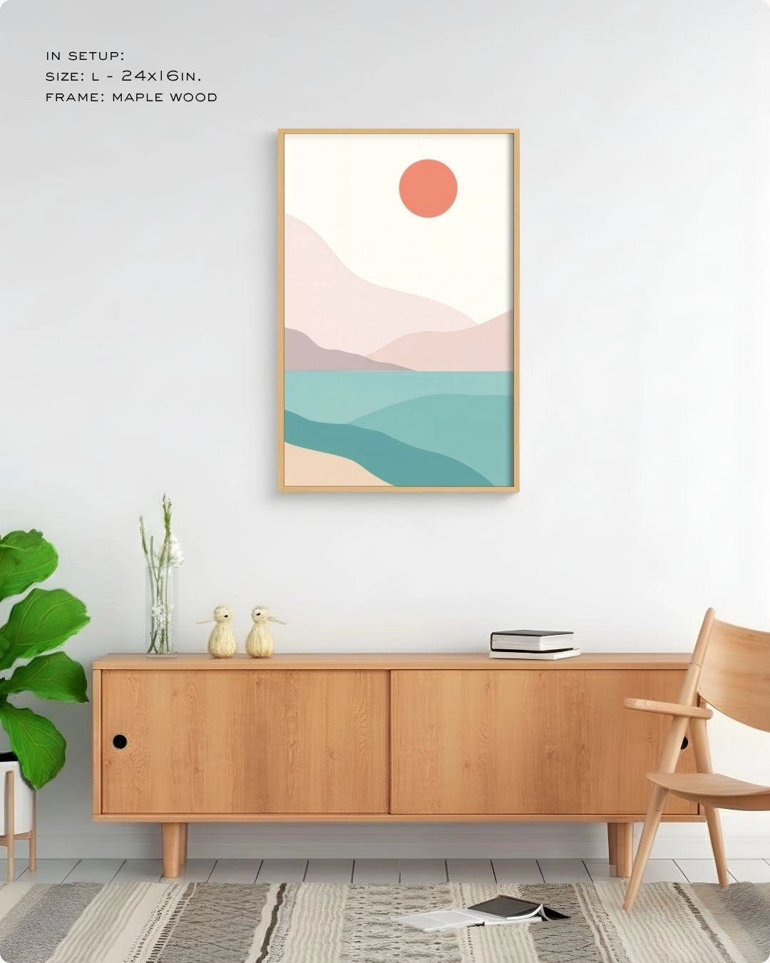 Coastal Serenity abstract landscape print by K2C Co. in a natural Maple Wood frame, featured in a warm minimalist living room mockup with a mid-century chair.