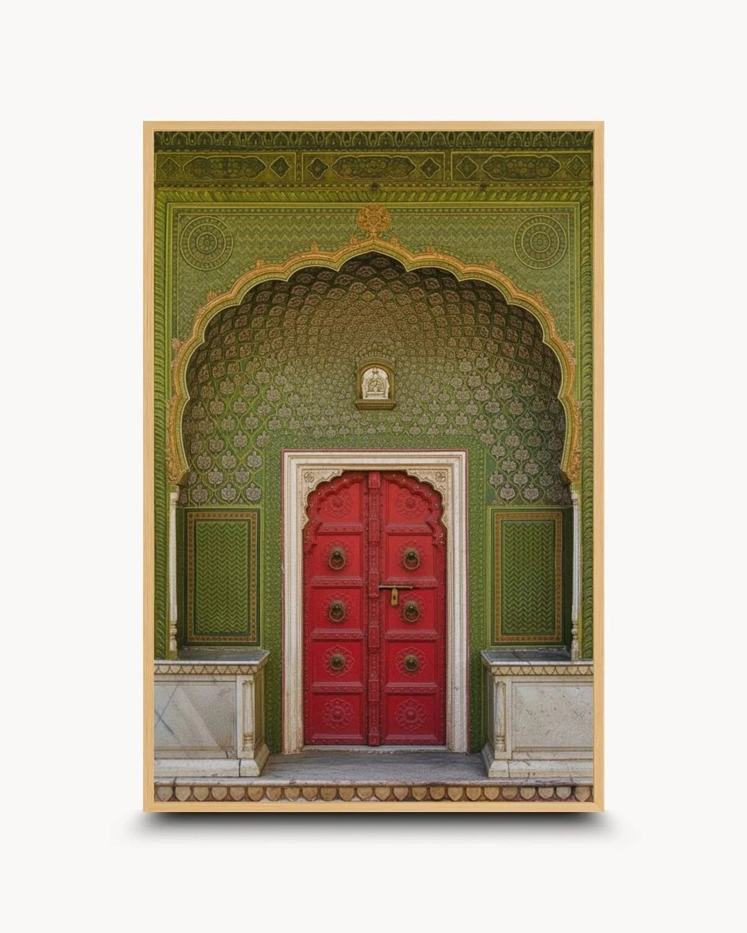 Organic modern styling of a vibrant red Indian heritage doorway in a natural Maple Wood frame by K2C Co. Perfect for warm minimalist decor.
