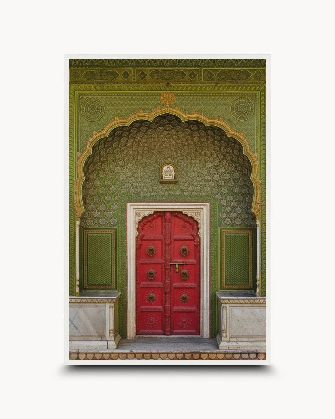 K2C Co. Culture: Entrance - १ heritage doorway print in a Moon White frame. Airy, vibrant Indian architecture wall art for modern homes.