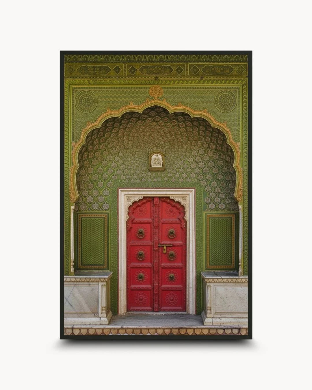 Vibrant red heritage door with green floral arched entrance in a sleek 0.5-inch Noir Black frame by K2C Co.