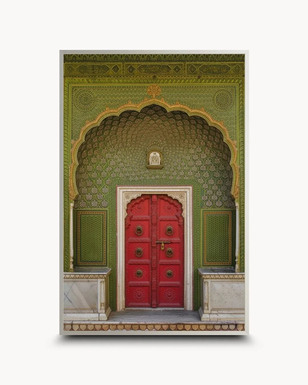 Contemporary styling of a vibrant Indian heritage doorway in a sleek Satin Silver frame by K2C Co. A sophisticated cultural piece for modern urban decor.
