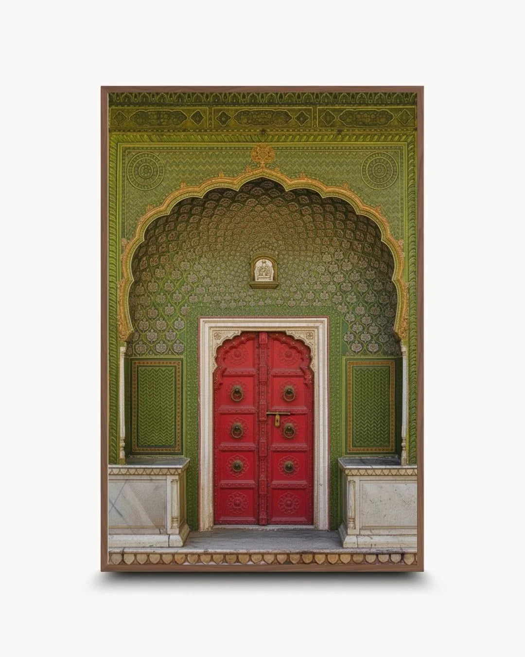 Culture: Entrance - १ by K2C Co. featuring a red heritage door in a warm Walnut Wood frame. A sophisticated balance of traditional Indian architecture and modern design.