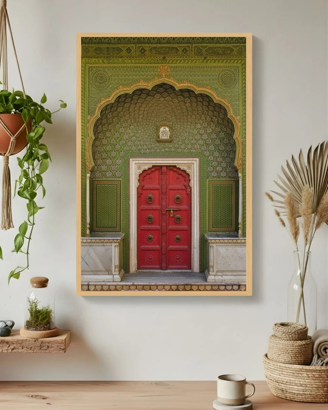 Culture: Entrance - १ in a 0.5-inch Maple Wood frame, styled in a boho living room with hanging ivy and pampas grass.