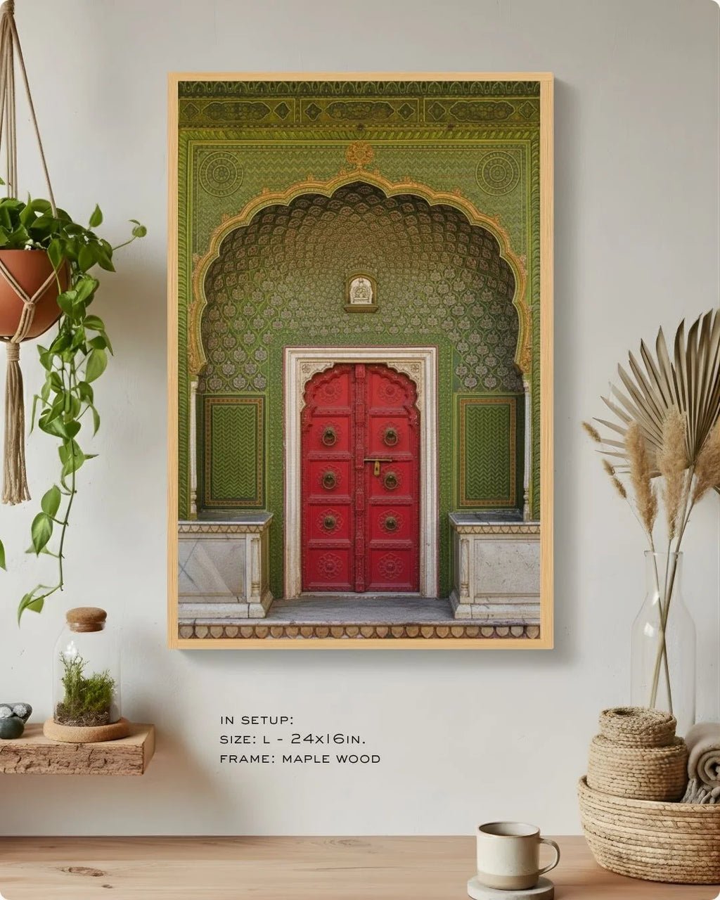 Close-up of the red Indian heritage door print in a Maple Wood frame, showcasing the vibrant contrast against a warm, neutral wall.