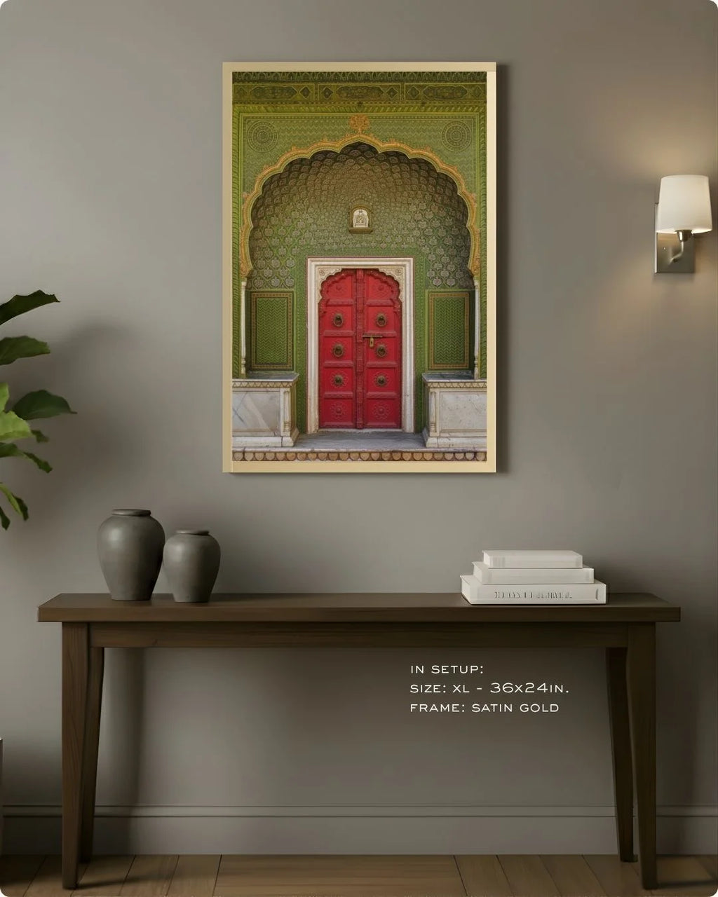 Large (Size L - 24x16in) heritage doorway print in a Maple Wood frame, styled above a dark wood console table for grand entryways.
