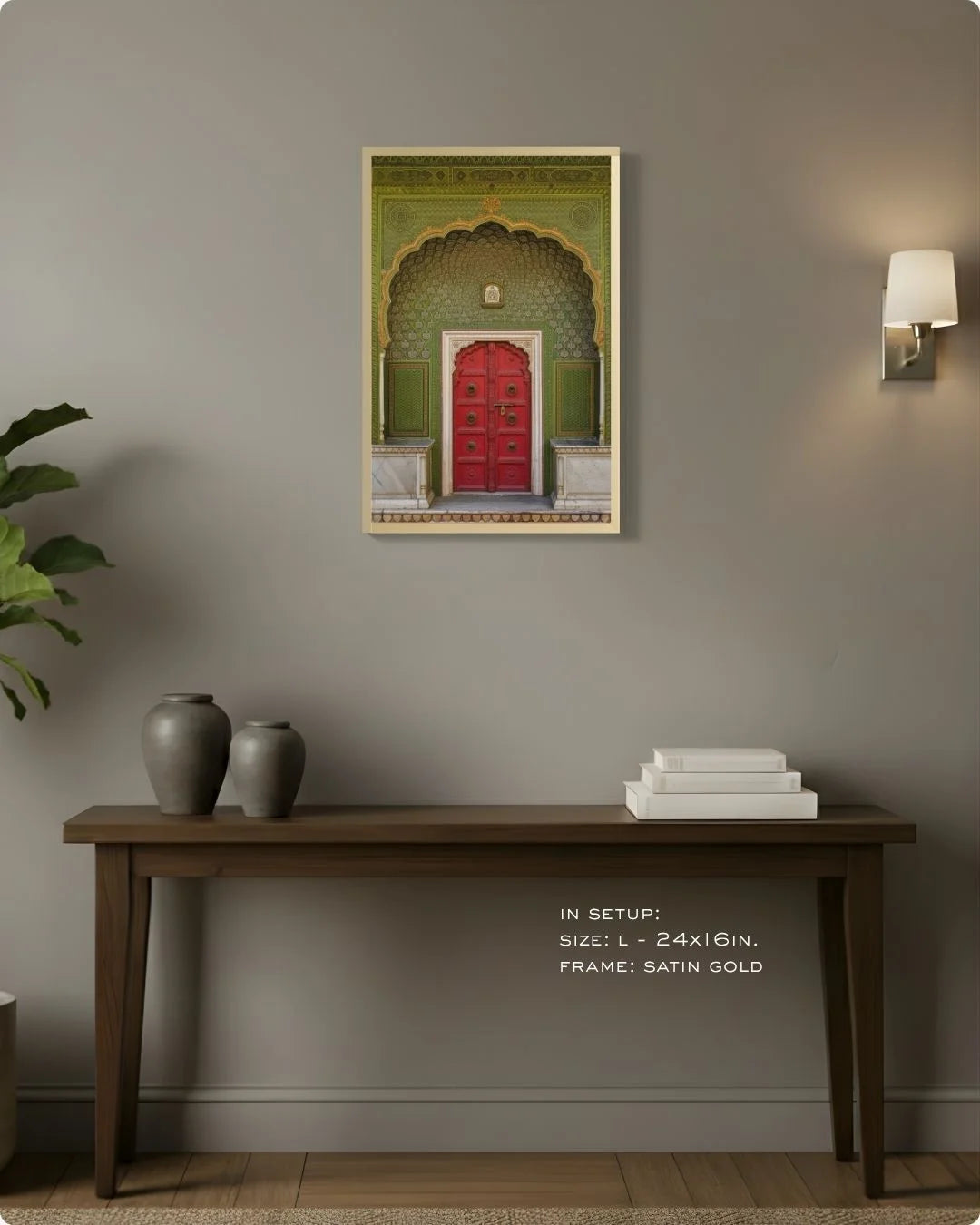 Medium (Size M - 18x12in) red heritage doorway print in a Maple Wood frame, demonstrating the perfect scale for standard hallway decor.