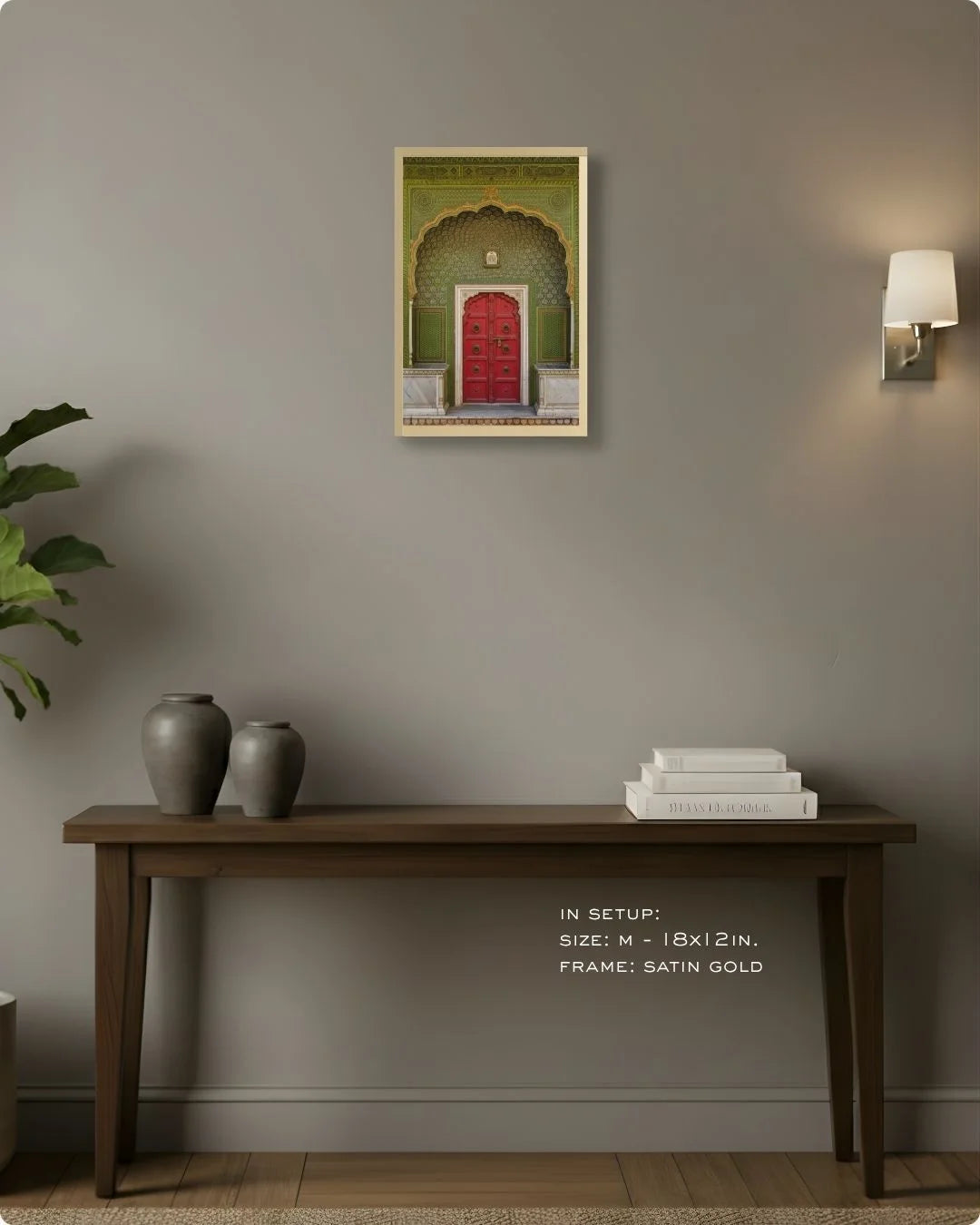 Small (Size S - 12x8in) red heritage doorway print in a Maple Wood frame. Ideal as a refined accent piece or part of a gallery wall.