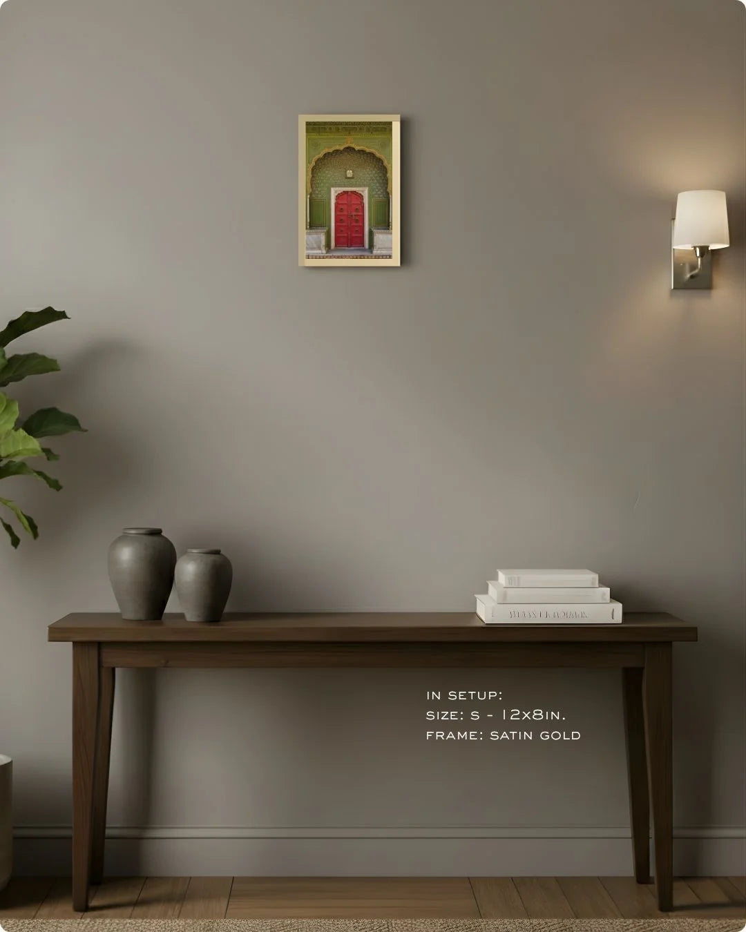 Extra Small (Size XS) mini heritage doorway print in a Maple Wood frame, showcasing how even a small pop of color elevates a console setup.
