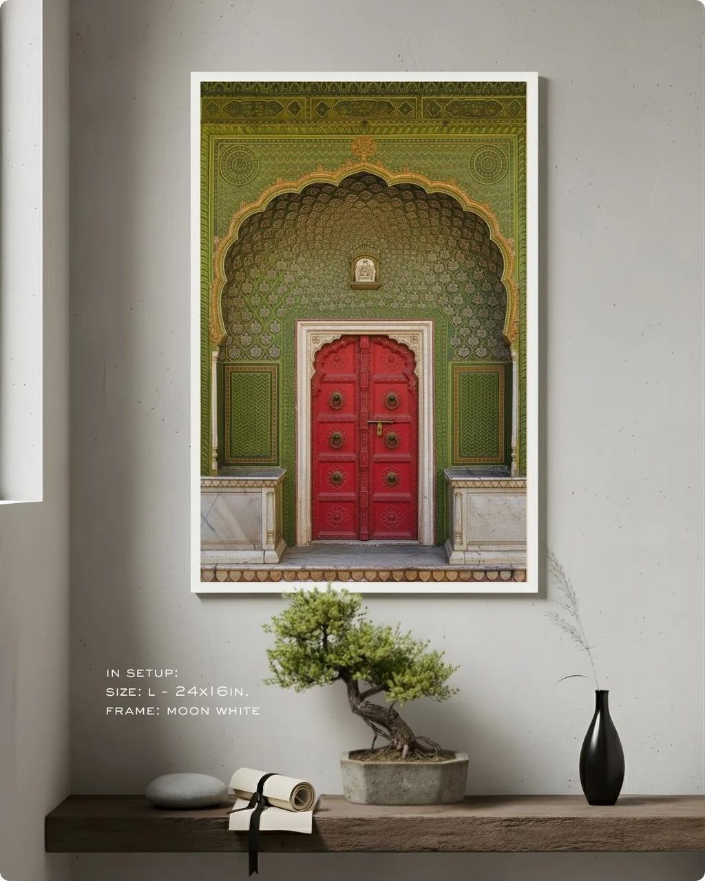 Culture: Entrance - १ in a Moon White frame, styled on a minimalist wooden shelf with a bonsai tree and black ceramic vase.