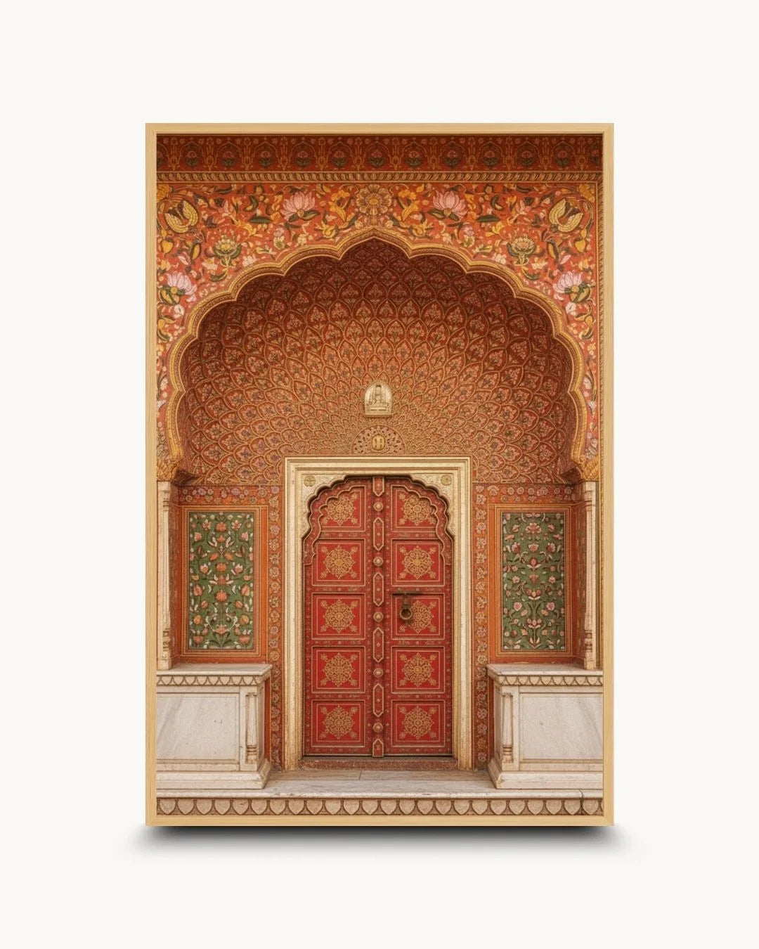Organic modern styling of a traditional red Indian doorway in a natural Maple Wood frame. Ideal for Japandi or warm minimalist decor.