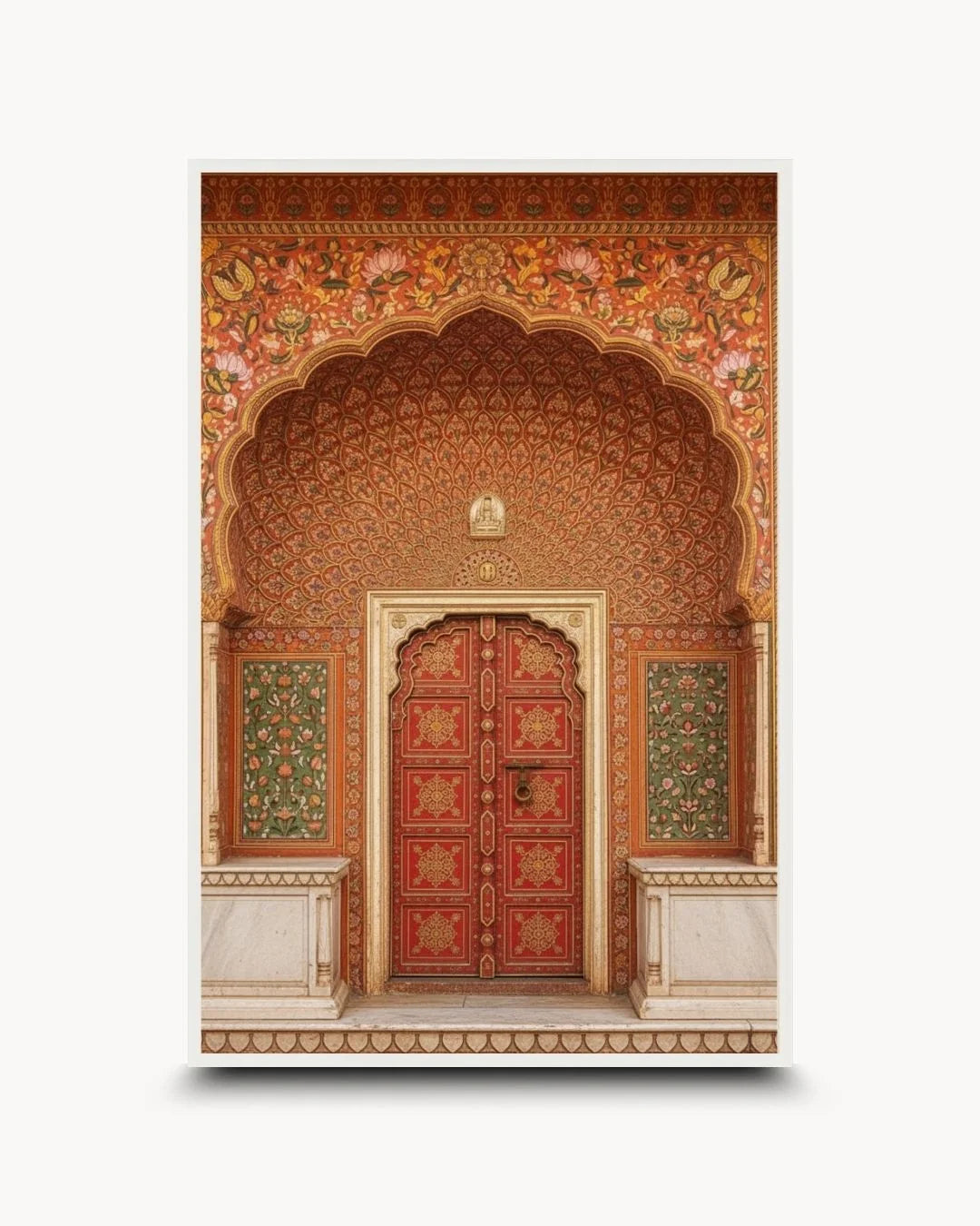 K2C Co. Culture: Entrance - २ heritage print in a Moon White frame. Airy, high-detail Indian architecture art for bright, minimalist interiors.