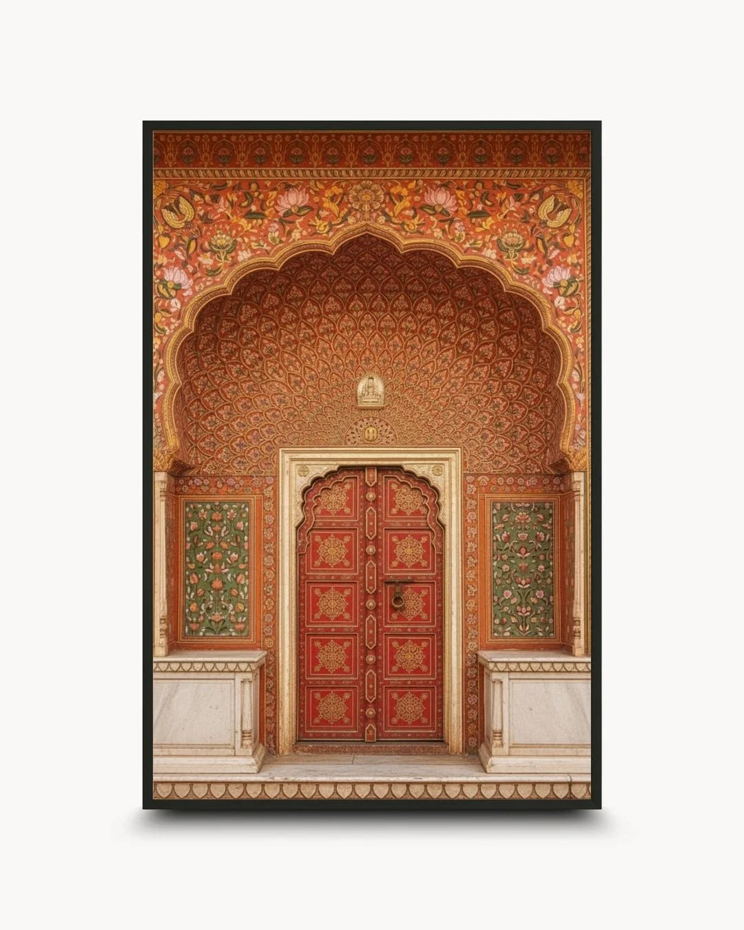 Intricate red and gold Indian heritage doorway in a 0.5-inch Noir Black frame. Vibrant architectural wall art for modern Indian homes.