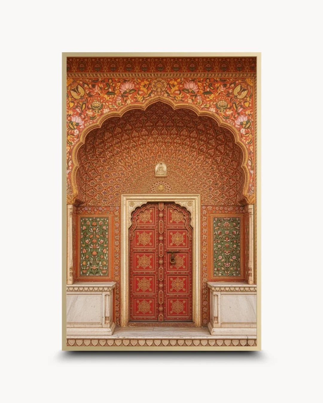 Elegant red and gold heritage door print in a Satin Gold frame. High-end architectural wall art for a luxury contemporary statement.