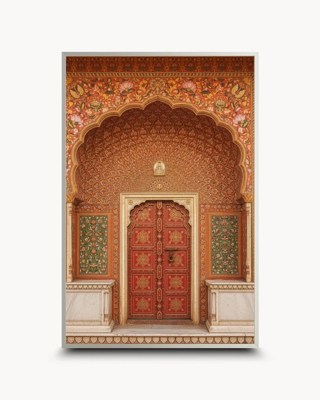 Contemporary styling of a vibrant Indian heritage doorway in a sleek Satin Silver frame. Sophisticated cultural art for modern urban spaces.