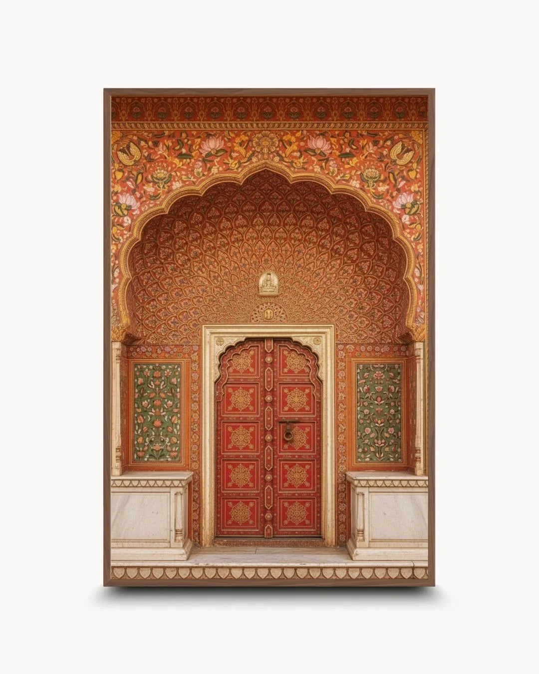 Culture: Entrance - २ featuring a red heritage door in a warm Walnut Wood frame. A sophisticated balance of heritage and mid-century modern design.