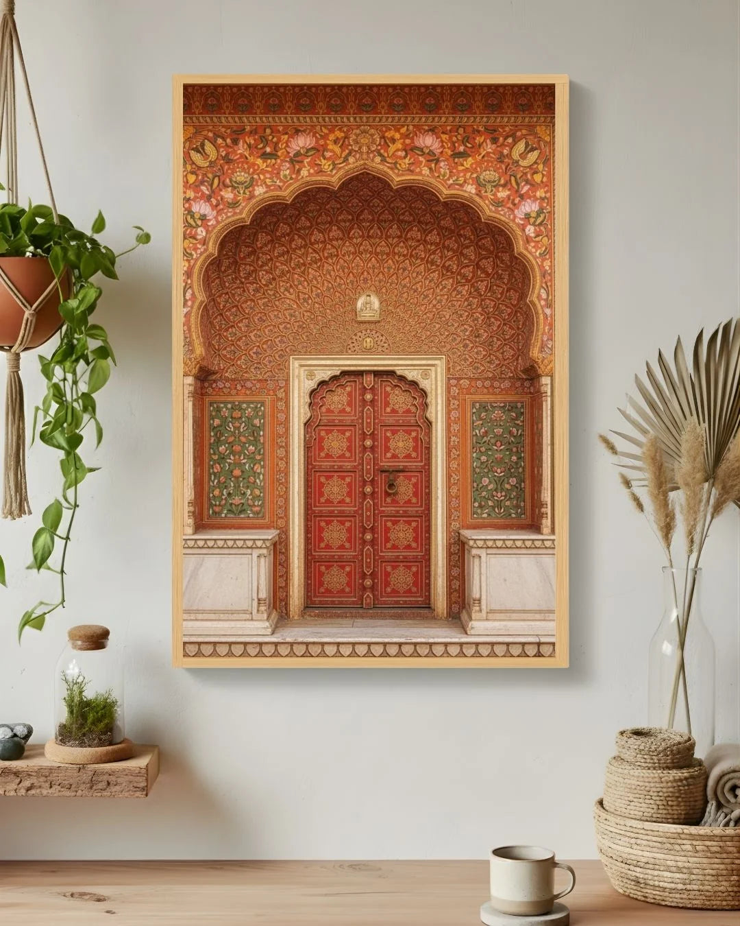 Culture: Entrance - २ in a 0.5-inch Maple Wood frame, styled in a boho living room with hanging ivy and pampas grass.