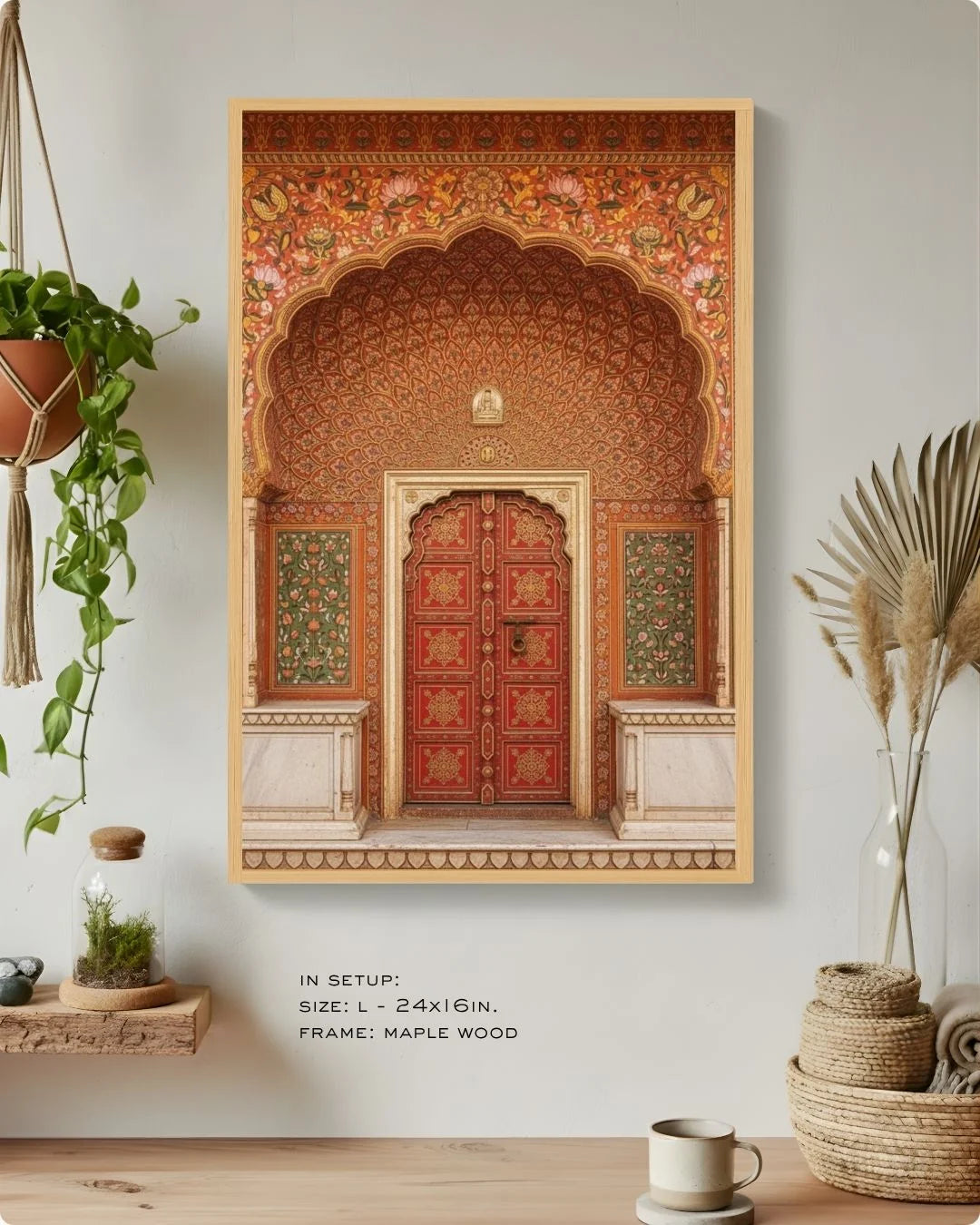 Close-up of the orange heritage door print in a Maple Wood frame, showcasing the vibrant intricate detail against a warm, neutral wall.