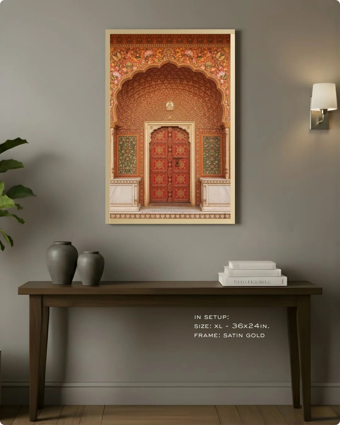 Large (Size L - 24x16in) orange heritage doorway print in a Maple Wood frame, styled above a dark wood console table for grand entryways.
