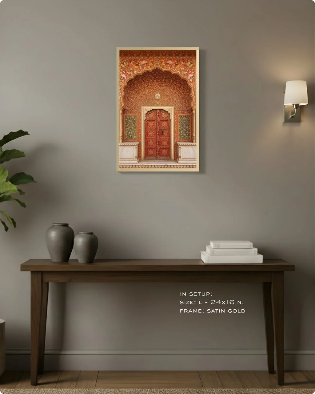 Medium (Size M - 18x12in) orange heritage doorway print in a Maple Wood frame, demonstrating the perfect scale for standard hallway decor.