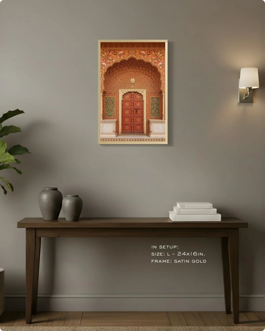 Medium (Size M - 18x12in) orange heritage doorway print in a Maple Wood frame, demonstrating the perfect scale for standard hallway decor.
