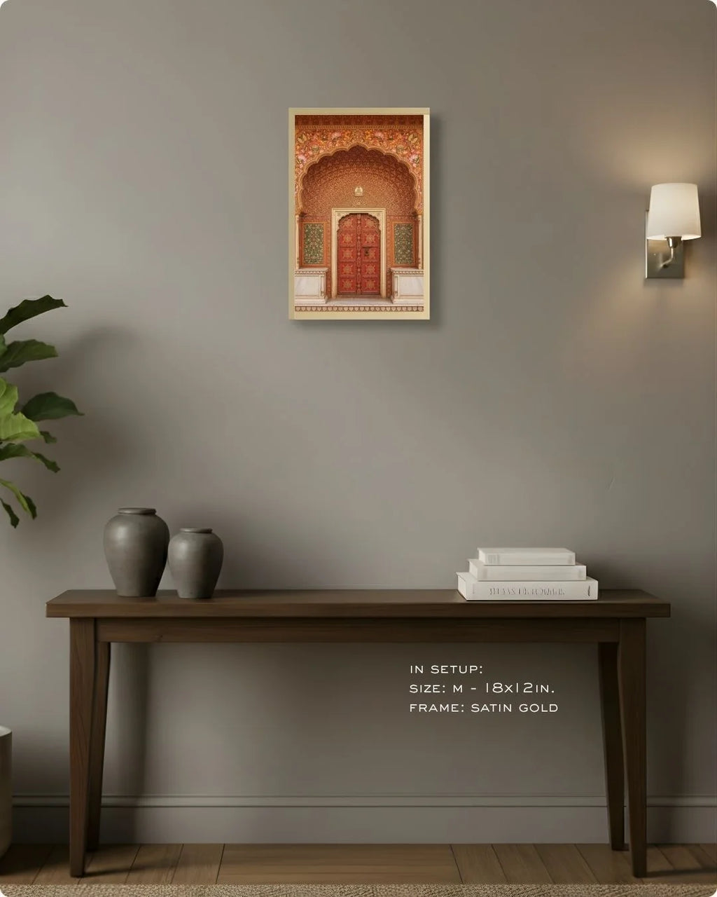 Small (Size S - 12x8in) orange heritage doorway print in a Maple Wood frame. Ideal as a refined accent piece or part of a gallery wall.