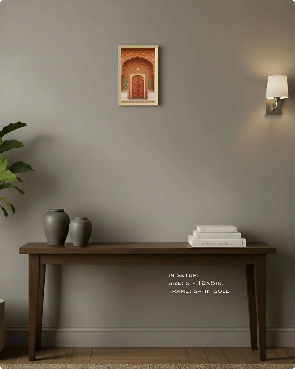 Extra Small (Size XS) mini orange heritage doorway print in a Maple Wood frame, showcasing how even a small pop of color elevates a console setup.