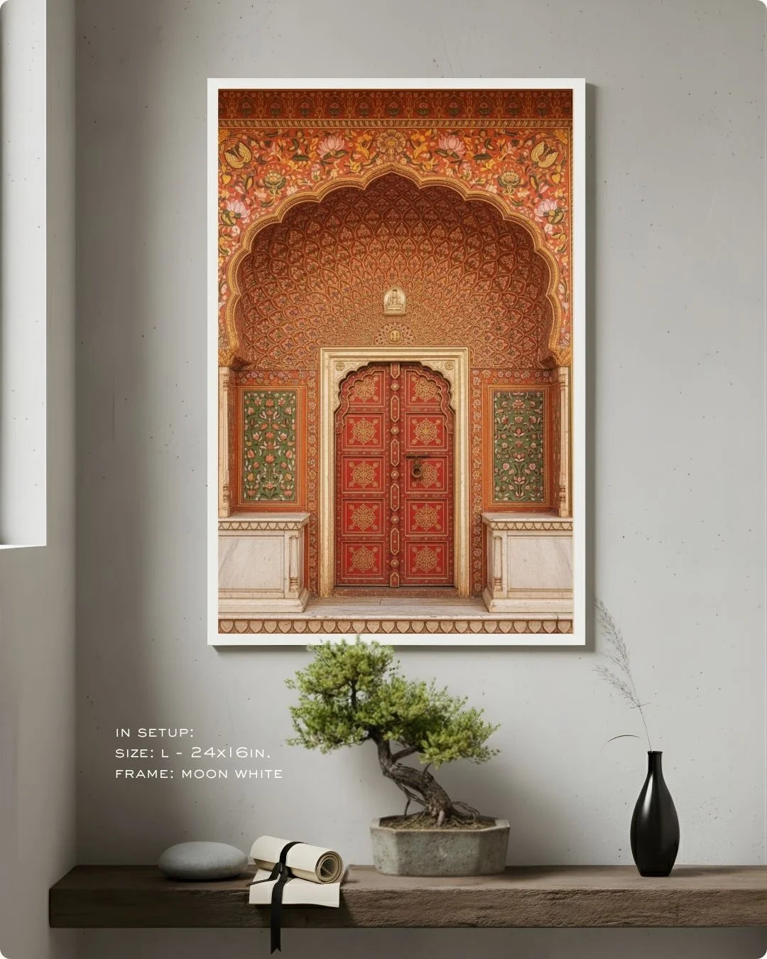 Culture: Entrance - २ in a Moon White frame, styled on a minimalist wooden shelf with a bonsai tree and black ceramic vase.