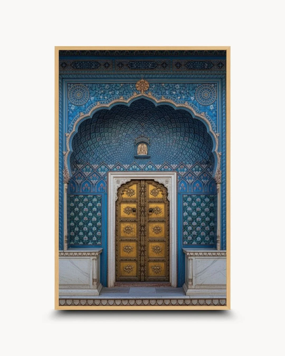 Organic modern styling of a traditional blue and gold Indian doorway in a natural Maple Wood frame. Perfect for warm, coastal-minimalist decor.