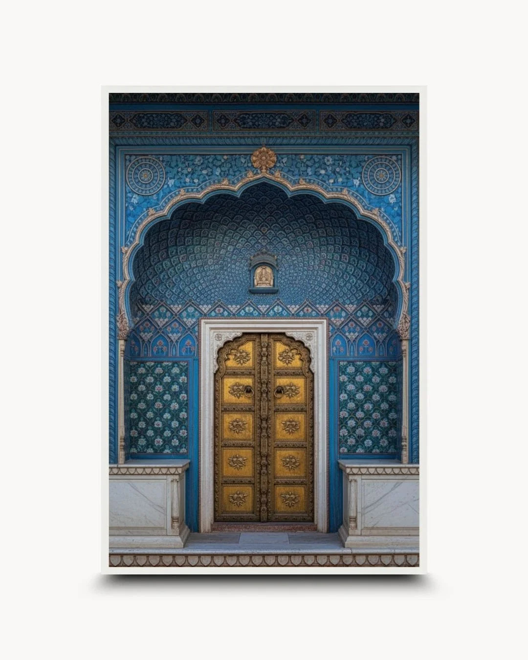 K2C Co. Culture: Entrance - ३ heritage print in a Moon White frame. Bright, high-contrast blue and gold Indian architecture art for minimalist interiors.