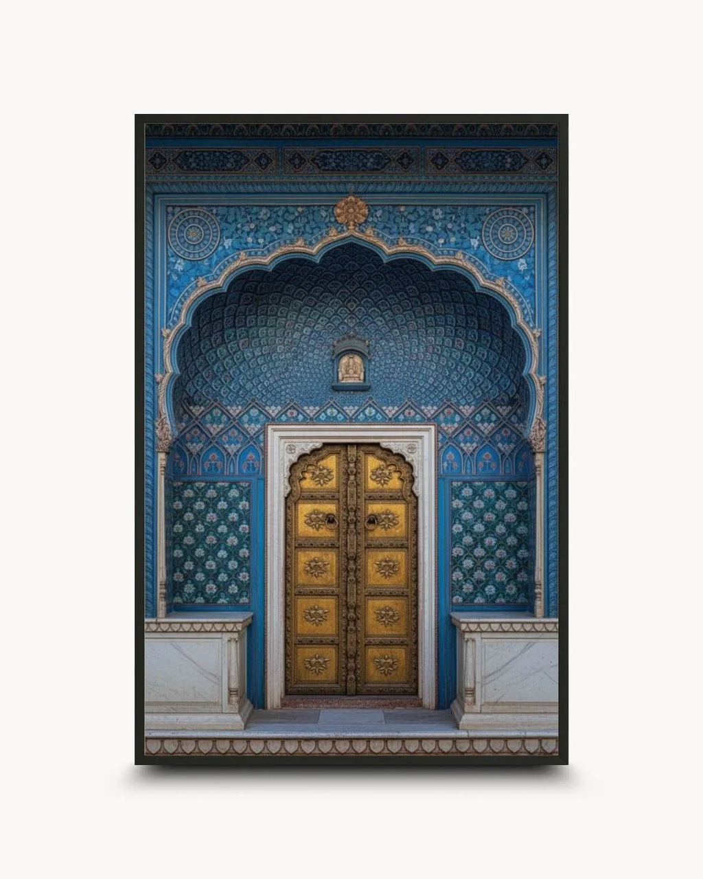 Regal golden Indian heritage door with vibrant blue patterned arch in a 0.5-inch Noir Black frame. Stunning architectural wall art by K2C Co.