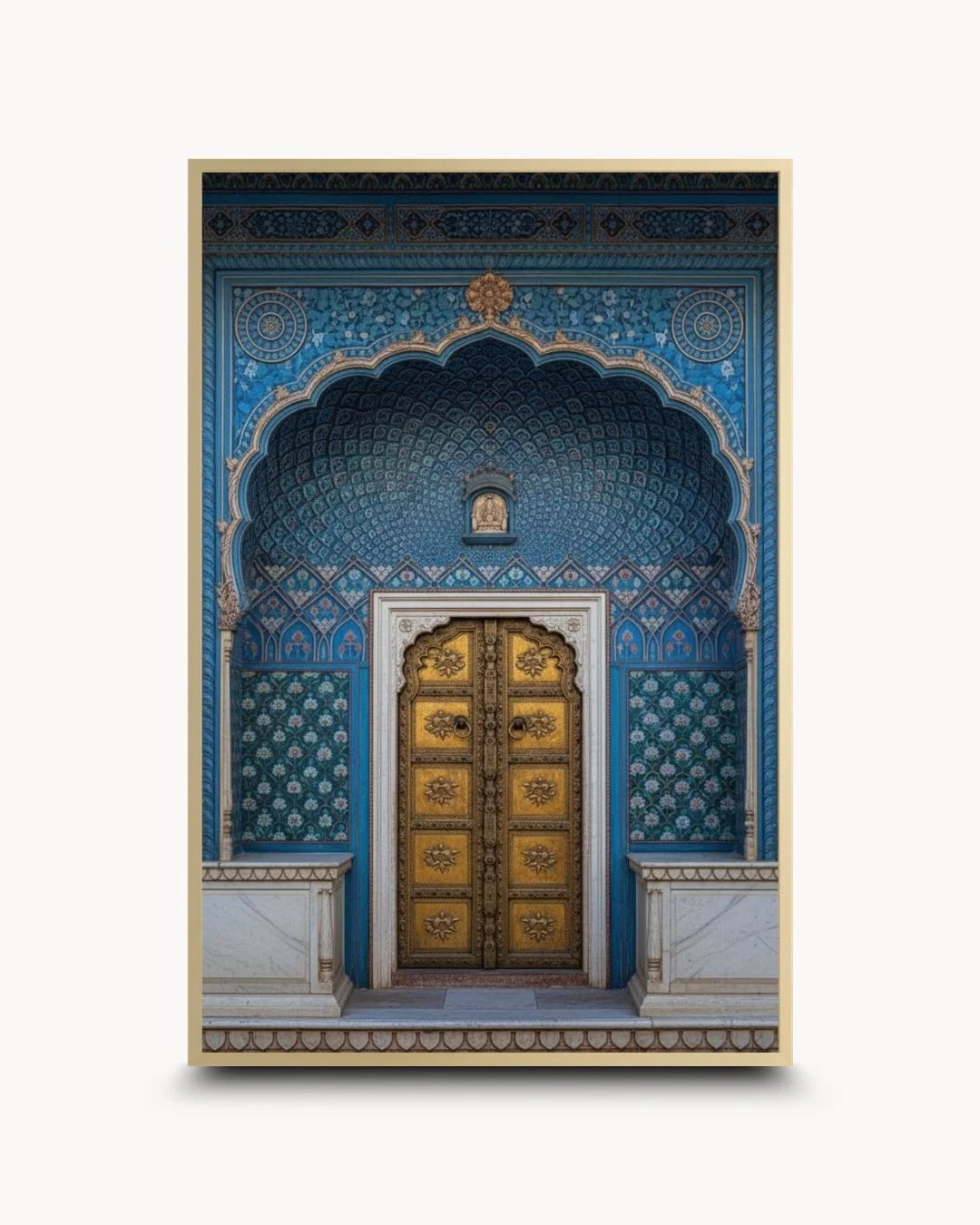 Elegant blue and gold heritage door print in a Satin Gold frame. Premium architectural wall art for a high-end contemporary statement.