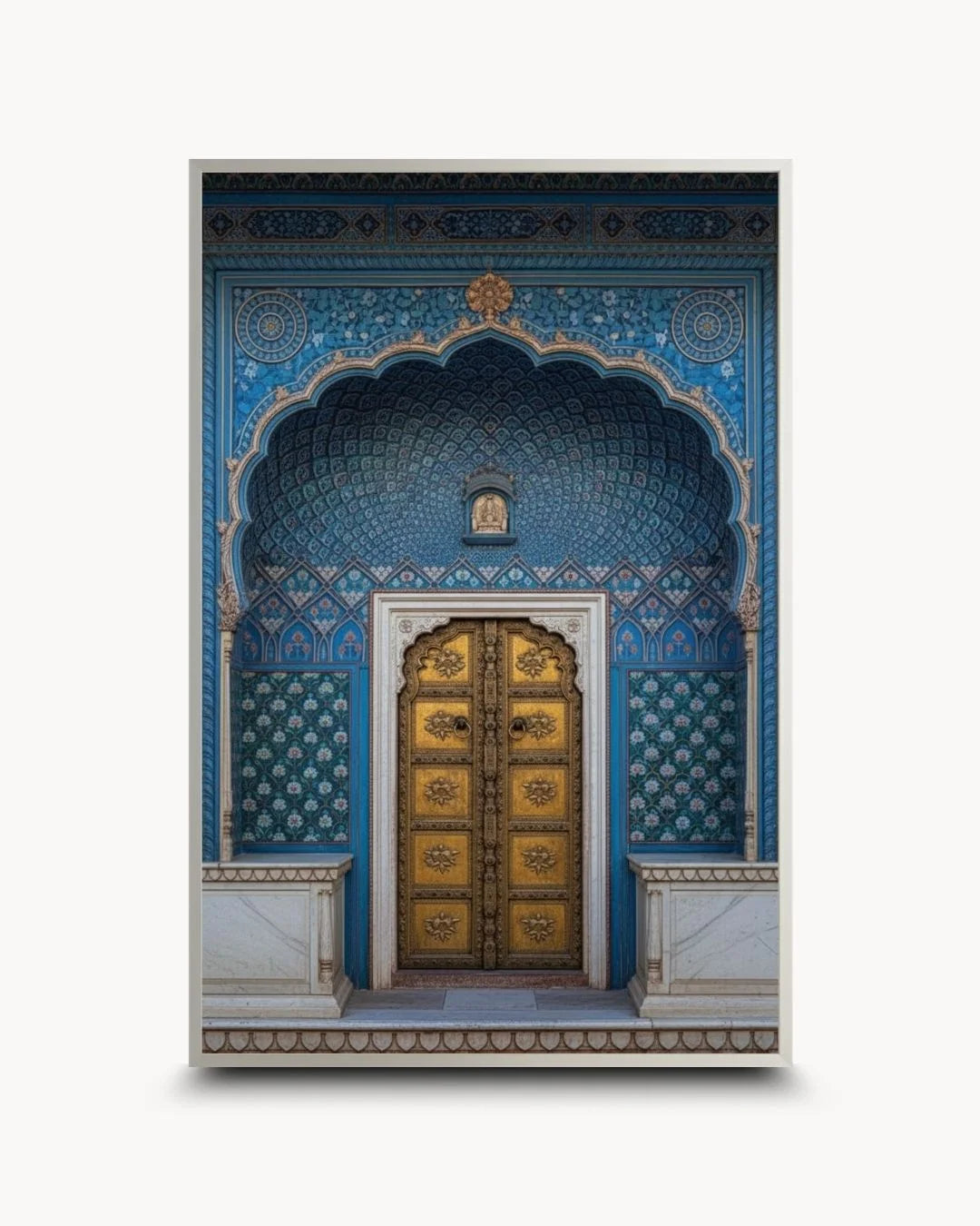 Contemporary styling of a vibrant blue Indian heritage doorway in a sleek Satin Silver frame. Sophisticated cultural art for modern urban spaces.