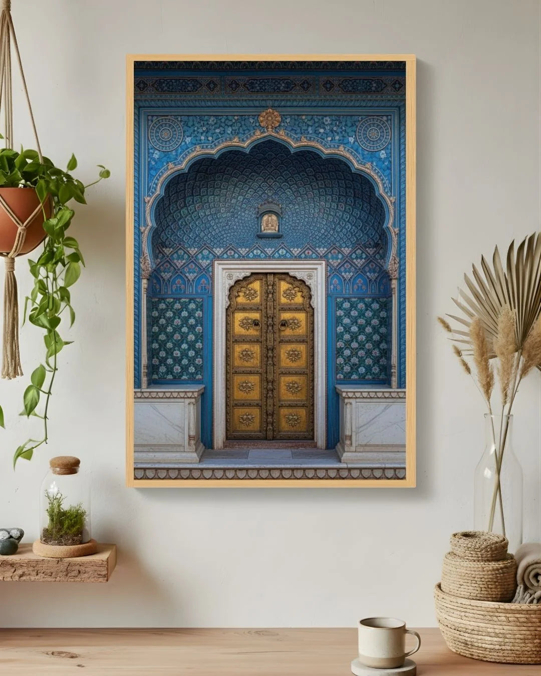 Culture: Entrance - ३ in a 0.5-inch Maple Wood frame, styled in a boho living room with hanging ivy and pampas grass.