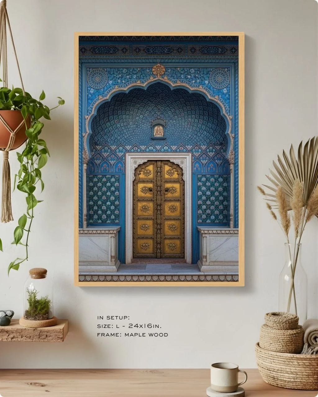 Close-up of the royal blue heritage door print in a Maple Wood frame, showcasing the vibrant intricate detail and golden door.