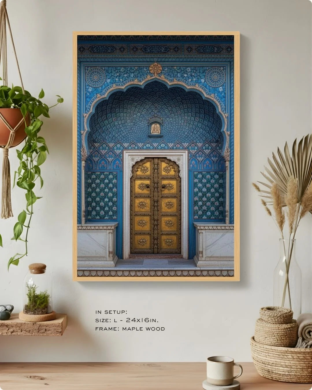 Close-up of the royal blue heritage door print in a Maple Wood frame, showcasing the vibrant intricate detail and golden door.