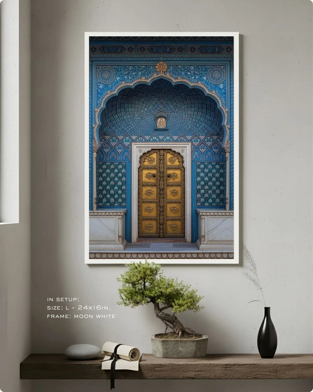 Culture: Entrance - ३ in a Moon White frame, styled on a minimalist wooden shelf with a bonsai tree and black ceramic vase.
