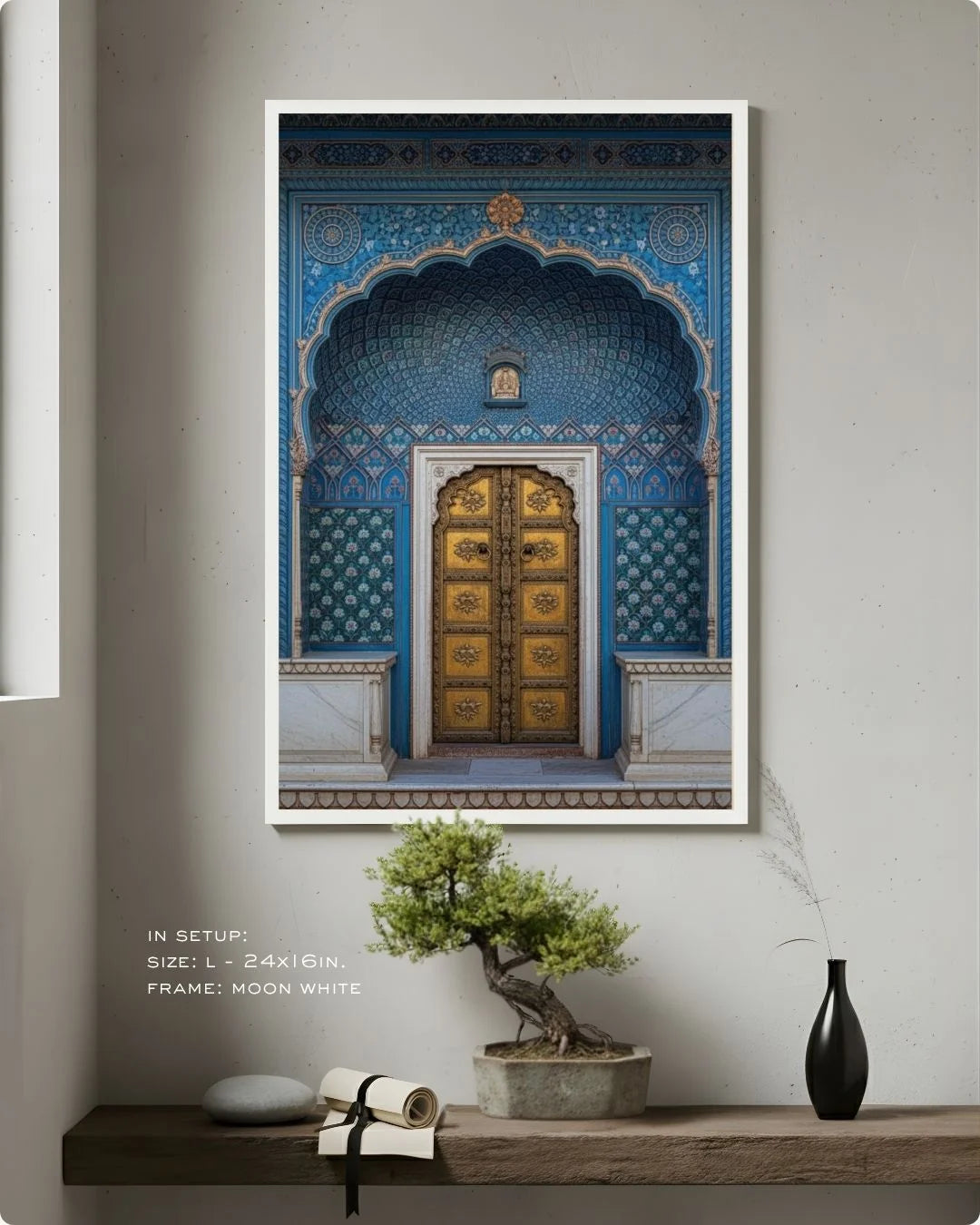 Culture: Entrance - ३ in a Moon White frame, styled on a minimalist wooden shelf with a bonsai tree and black ceramic vase.