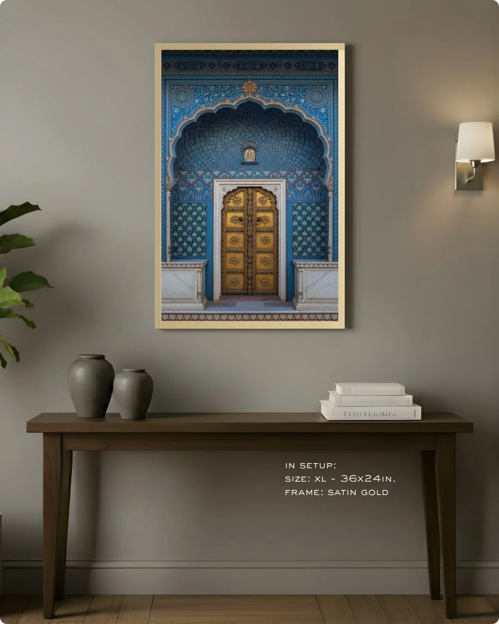 Large (Size L - 24x16in) royal blue heritage doorway print in a Satin Gold frame, styled above a dark wood console table for a luxury look.