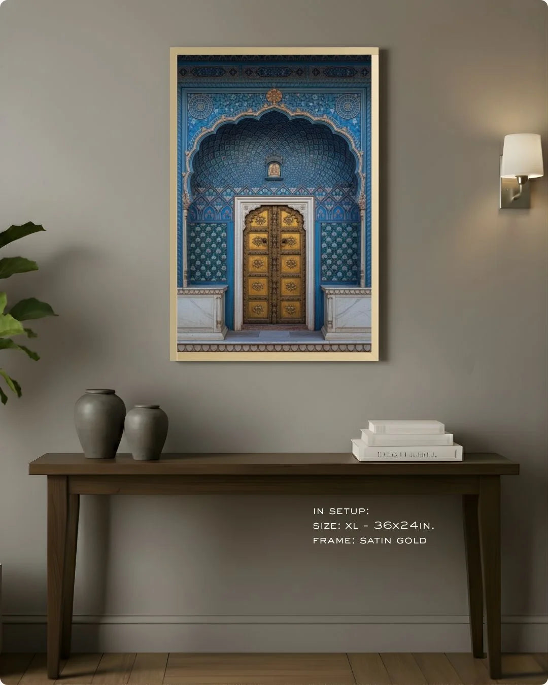 Large (Size L - 24x16in) royal blue heritage doorway print in a Satin Gold frame, styled above a dark wood console table for a luxury look.