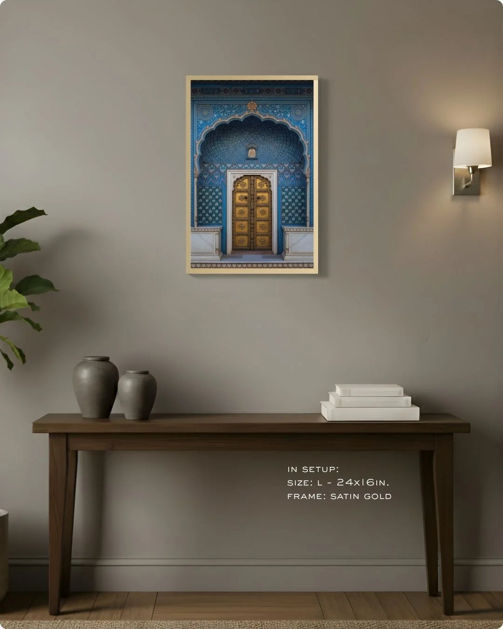 Medium (Size M - 18x12in) royal blue heritage doorway print in a Satin Gold frame, demonstrating the perfect scale for hallway decor.